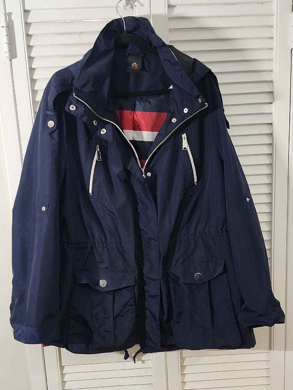 Love & Legend Navy Hooded Utility Anorak Jacket with Red-Trim Lining